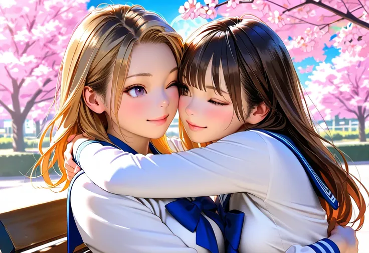 Masterpiece, (highest quality, create a high resolution,4K, 8k),(realistic,  photorealistic: 1.5),Japanese art, Colorful Japanese manga,  2 girls fighting back,  medium blond hair and purple eyes, Medium brown hair and brown eyes ,  sailor suit, Graduation...