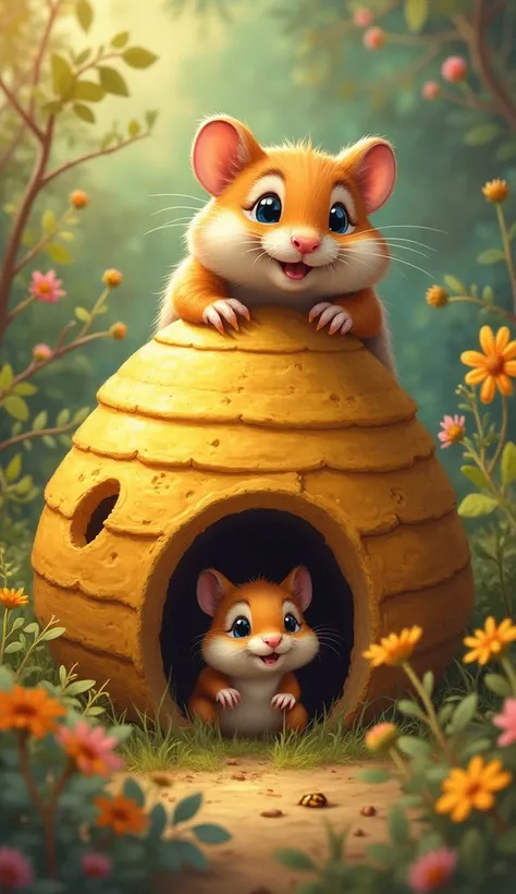 "A heroic hamster carefully opening a beehive to rescue a baby squirrel inside. The squirrel looks relieved and happy."

