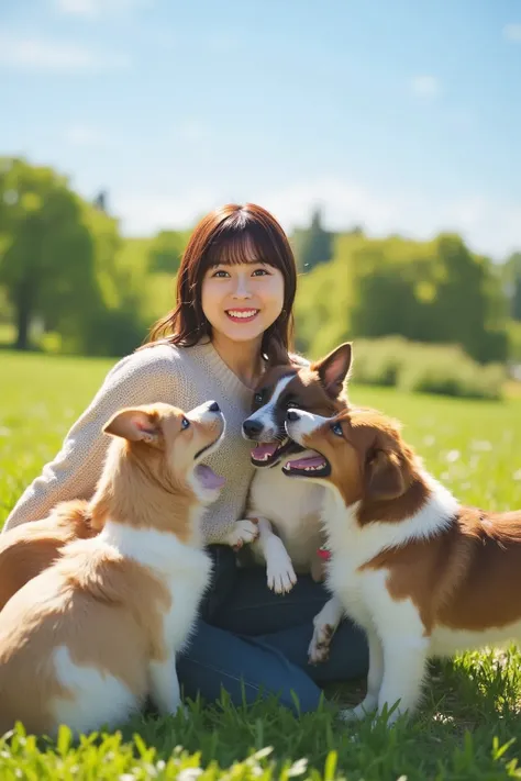  「A Japanese woman sitting on a grassy field, surrounded by several playful and affectionate dogs. She is wearing a relaxed, casual outfit, such as a light sweater and comfortable jeans, with her hair flowing gently in the breeze. The dogs, of various size...