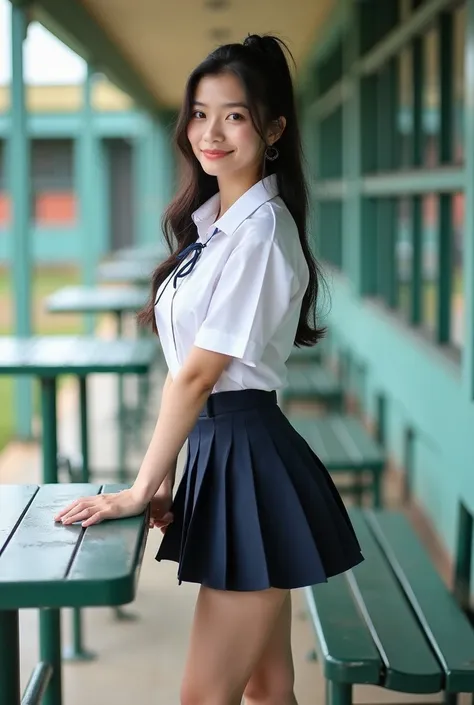 Photos réelles de haute qualité Réaliste de la femme thaïlandaise, belle fille (((grosse poitrine , grosse poitrine , NSFW))) ,  meilleure qualité, Jeune fille thaïlandaise de 20 ans en uniforme scolaire debout près d'une table en métal verte,   Elle porte...