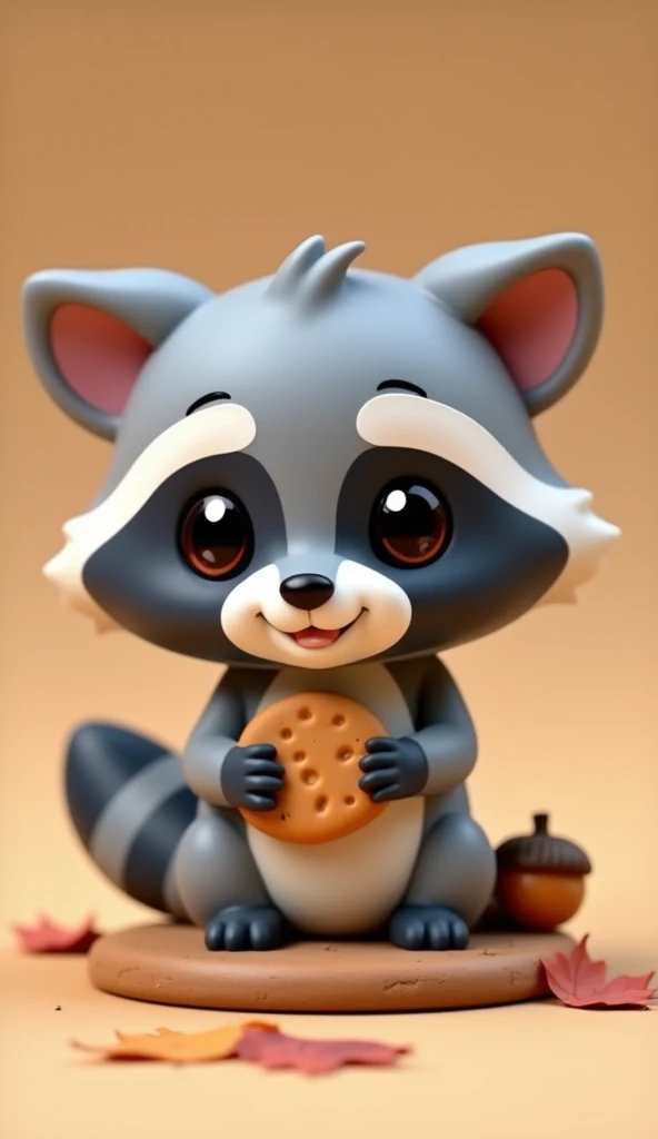 A cute 3D chibi-style figurine of Meeko, the raccoon from Disney's Pocahontas. He has an oversized round head with big, shiny black eyes, tiny eyebrows, and a small, playful smile. His fur is soft gray with a slightly darker mask around his eyes and a fluf...