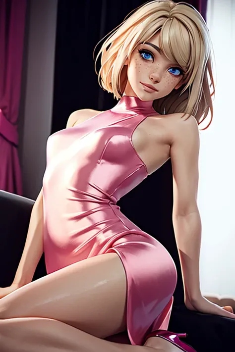 max caulfield posing in a satin dress BREAK (shiny satin pink dress, shiny dress, soft straight fabric, highneck-halterneck, bare shoulders, sleeveless, seamless), (high heel shoes) BREAK (slim body, flat chest, small tits) BREAK (ultralong_wavy_hair, whit...