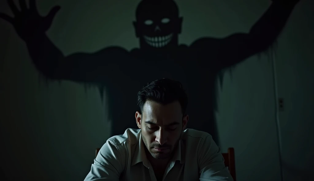 "A man sitting in a dark room, his head lowered as if lost in thoughts, behind him a massive demonic shadow grinning maliciously, dim lighting emphasizing the troubled man's face and the sinister shadow."

