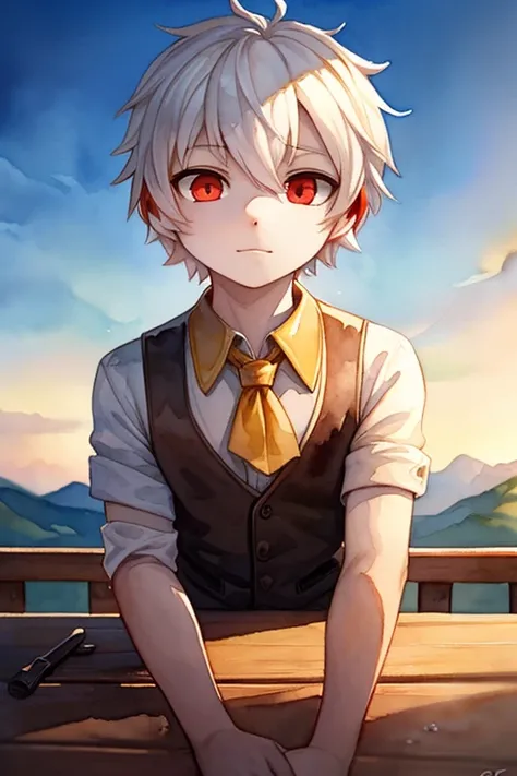 ( masterpiece:1.2,  top quality), ( finely drawn beautiful eyes : 1.2), (( 1 boy )), ( red eyes:1.4), ( meticulous eyes and delicate face:1.3), ((Boy with short white hair )), ( beautiful clear background :1.2), ( extremely detailed CG ,  super detailed , ...