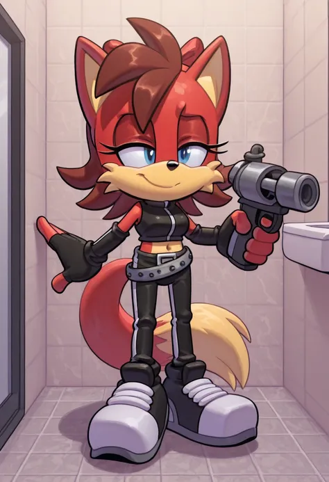 Fiona the Fox. a cartoon pink lady holding a gun and standing in bathroom with some pipes, 1girl, solo, red hairband, white gloves, gloves, furry female, furry, hairband, pink hair, breasts, track pants, closed eyes, standing, holding, pink fur, dress, ani...