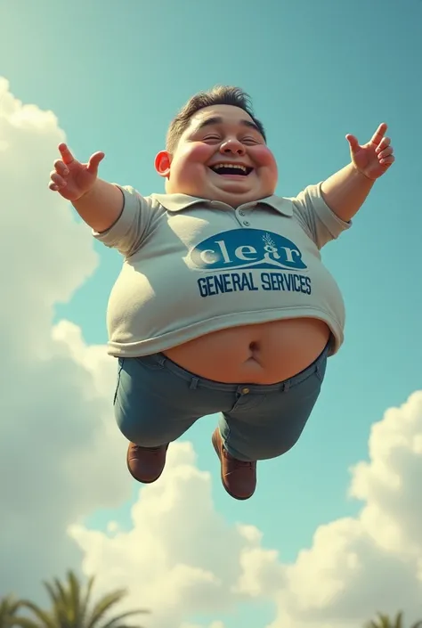 A fat man flying with his polo shirt that says clear general services