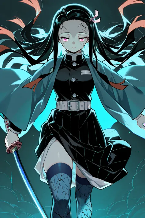 1girl, solo, Nezuko Kamado, kimetsu no yaiba, human, demon slayer uniform, blue haori, blue stockings, blue katana, standing in semi-darkness, the moon's light illuminates the face, the katana is lowered down, the wind develops hair, the eyes are closed 