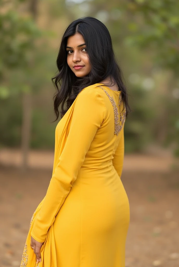 Full photo of Beautiful south indian mallu 23 year old dusky dark skinned village girl in yellow thight salwar kameez