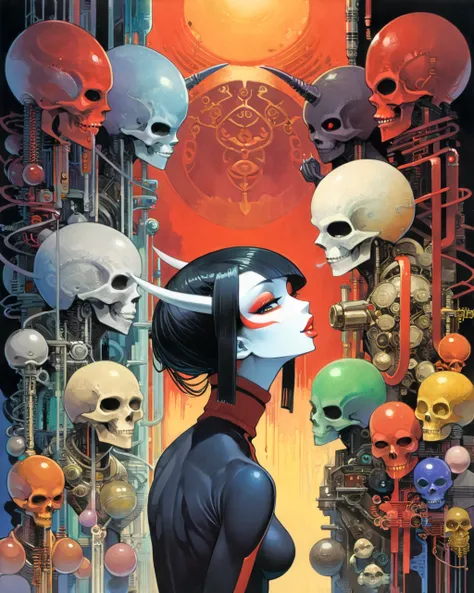 1 female demon praying
oni
horns
cyborg
 , tubes connected her back to the wall
beautiful 
long black hair
mechanical arms
red turtle neck tight
skulls Geisha Inspired Makeup
(color ink painting by  Yoshitaka Amano  Moebius, Victo Ngai	 Katsuya Terada,  ) ...