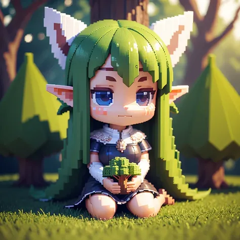 voxels,(3d big pixel art:1.2),(3d pixel art:1.2),solo,1girl\(elf,chibi,cute,kawaii,small ,hair floating,dark skin,breast,sitting on the tree,smirk\),(3d pixel art). BREAK .background\(simple,cute,dark,trees\)