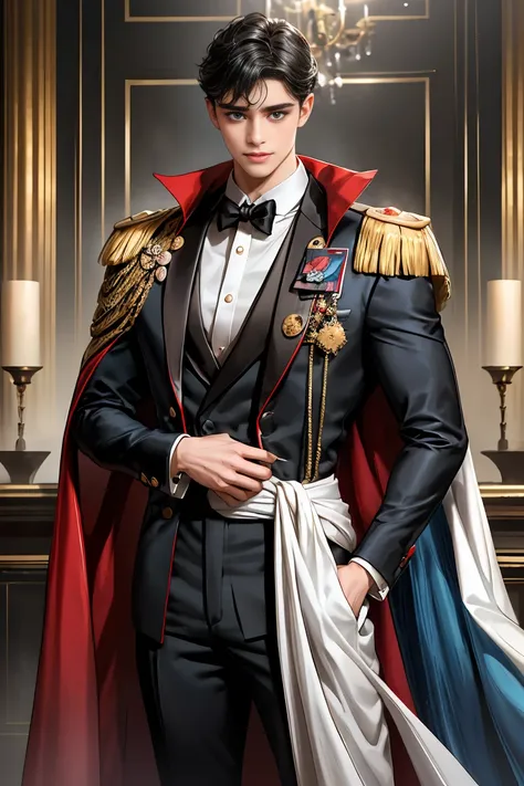 
 masterpiece, 最 high quality,  high quality,  1 boy,  alone,  focus on men,  stares at the audience,  Dirty black hair,   adorable big blue eyes  , white, Noble, Noble, sexy voluminous cape 、 tuxedo、、A  very voluminous  red and black cape with a high stan...