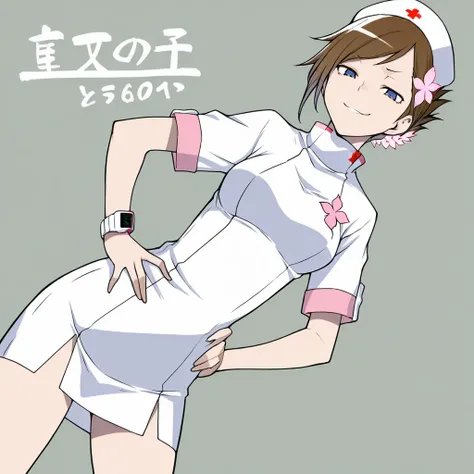  score_9,  score_8_ up the side,  score_7_ up the side,  source_Anime, f ,  short hair,  blue eyes,  brown hair, flower,  hair flower,,  above Decorati has ,  Nurse cap,  Nurse,  short sleeve,, 屋内で,  smug , smile,  Watch Viewers , Alone,  hands on hips ,, ...