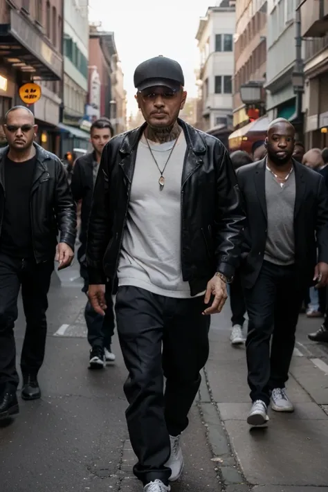 A group of people were standing in various clothes, and there was a man in front leading them, like a gangster.