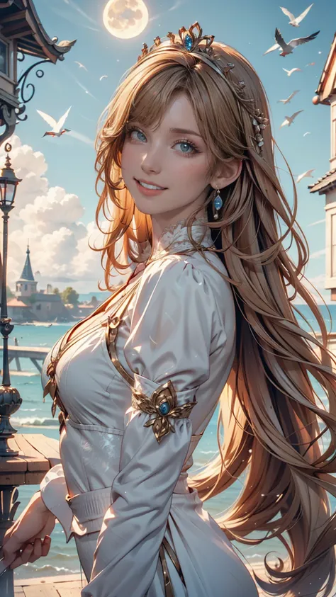  A girl came out of the sea , Princess Swan in Russian mythology , Beautiful and calm face,  blue eyes, Long blonde hair braided, The moon is woven into the hair at the back of the head., Old Russian shiny white clothes,  with a Kokoshnik crown on her head...