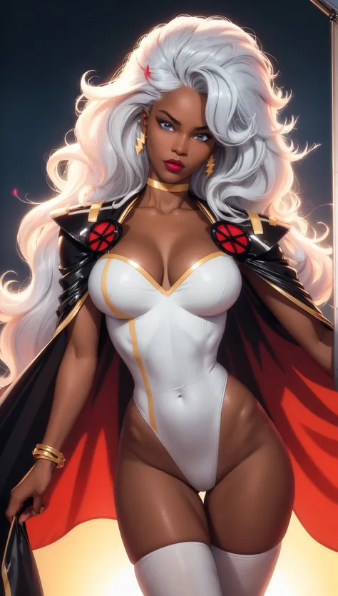 CARTOON_X_MENs_Storm,ownwaifu,
long hair,white hair,dark skin,dark-skinned female,breasts,lips,blue eyes,very dark skin,huge breasts,lipstick,floating hair,very long hair,makeup,big hair,curly hair,red lips,eyelashes,toned,
jewelry,earrings,cape,bracelet, ...