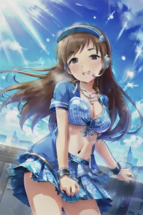  Masterpiece,  top quality,  Hi-Res, Aanitta,  long hair,  visor cap ,  headset,  medium boobs,  necklace,   jewelry,  blue bikini,  striped ,  white jacket, Open clothes ,  short sleeve,   wristband ,   blue skirt from crotch,  pleated skirt,  idolmaster,...