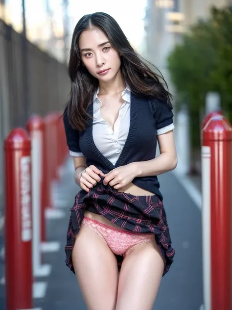 (((realistic photography))),, portrait, (afraid face:1.3),((skirt lift,skirtlift)),((ultra detailed panties)), beautiful girl, looking at viewer, , (((school uniform:1.2))),  , (busty cleavage:1),, in the japan street, (environment details:1.3),, (RAW Phot...