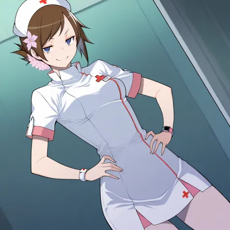  top quality、masterpiece、 in ultra high quality、 Extremely Aesthetic 、ultra quality,  short hair,  blue eyes,  brown hair, flower,  hair flower,,  above Decorati has ,  Nurse cap,  Nurse,  short sleeve,, 屋内で,  smug , smile,  Watch Viewers , Alone,  hands o...