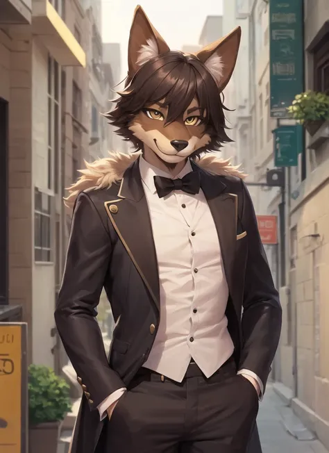 (furry art, uploaded on e621:1.4), 1boy, (solo_focus), (male:1.3) (furry:1.5) anthro, (upper body:1.3), on street, solo focus, detailed face, detailed eyes, (stylish haircut:1.4), detailed fluffy fur, fluffy tail, short hair, digitigrade, seductive pose, s...