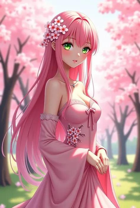 "4K anime style quality, digital drawing mode, graceful woman with long pink hair decorated with cherry blossoms, glowing emerald-green eyes, wearing a flowing pink gown with floral patterns, standing in a lush garden with cherry blossom trees in full bloo...