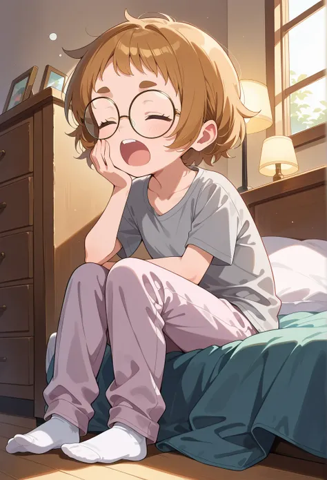 score_8, score_8_up, score_7_up, 1girl, female focus, solo, Ridley_GT, Light-toned skin, black eyes, Glasses, short hair, light brown hair, light brown eyesbrows, grey t-shirt, pajama pants, white socks, full body, indoors, bedroom, nightstand, lamp, windo...