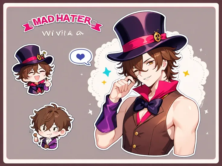 brown haired MALE , mad hatter's vibe, wearing a top hat with a tiny MOUSE