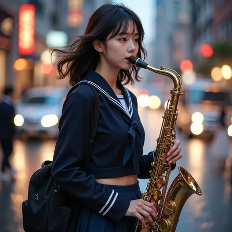   Japanese、23 years old、 beautiful face、 Well-groomed Face、 professional fashion model playing alto saxophone  ,  model photo shoot ,   Dynamic Perspective , Fascinating and Amazing Angles   ,  professional camera work ,   top quality,   extremely fine,   ...