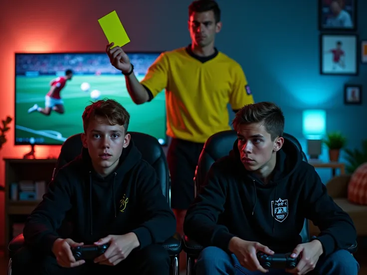 soccer referee holding a yellow card and two play station teenagers boys sitting besides him playing excited wearing black hoodies in a play station room having a challenge 