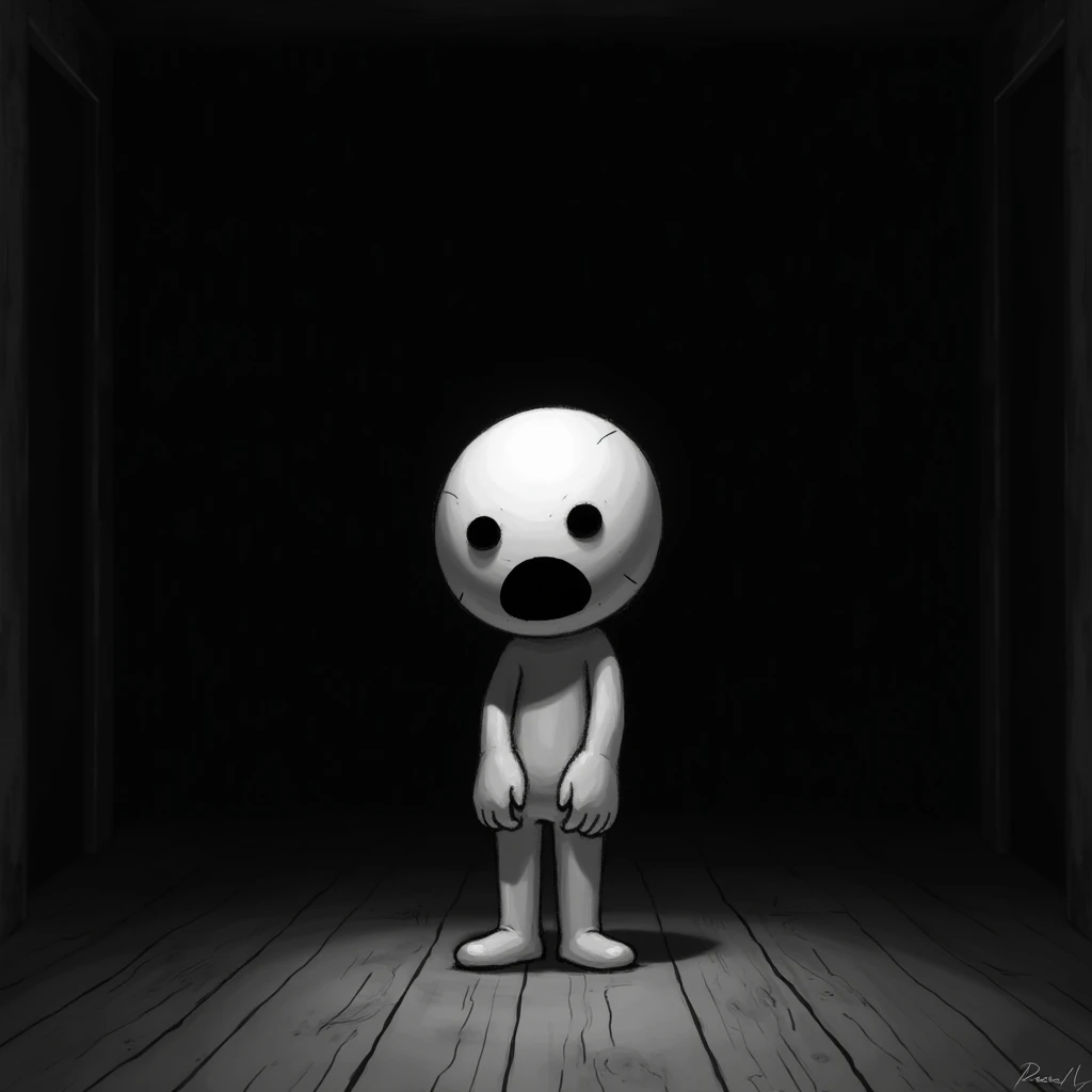 "A minimalist, sketch-like character in black and white, with a smooth, white body, now inside a dark and eerie room. The background remains pitch black and oppressive, with deep shadows that create a sense of mystery. His expression has drastically change...