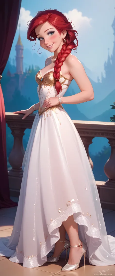 a sexy girl, full body display, (Princess Aerial:1.1), braided red hair, wearing a sexy maxi lace dress, looking towards viewer, soft smile, blushing, messy hair style, makeup, jewelry, detailed facial features, photorealistic, 8k, masterpiece, cinematic l...