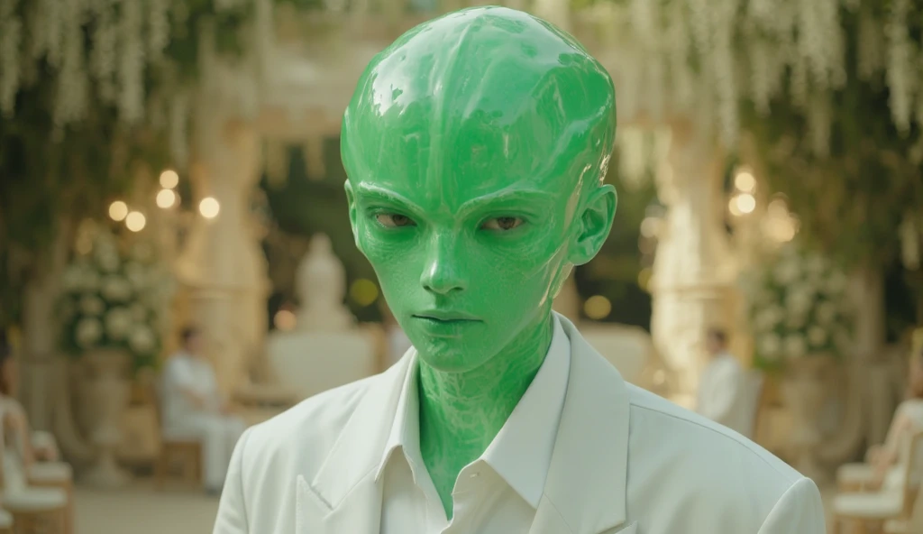 a man with an alien head, wearing a white shirt and wedding jacket, on a stage in a luxurious garden decorated like a beautiful wedding party, with a clear green slime head with a smooth and shiny surface, anthropomorphic, illuminated by a bright top and n...