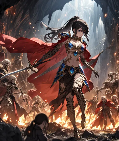 fantasy battle scene, a skeletal monster with one sword, a heroin girl in a dark cave, the girl is in a red cloak, a beautiful princess with black hair in a ponytail, brave and noble, wearing a shimmering ring on finger and jewel-encrusted bikini armor, ho...