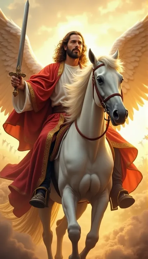  Jesus as the King of Kings ,  riding a white horse ,  wearing glorious robes  ,   a shining sword in his hand  ,   and the open sky revealing armies of angels in formation behind him.   The expression of Jesus is one of strength and authority  .

Revelati...