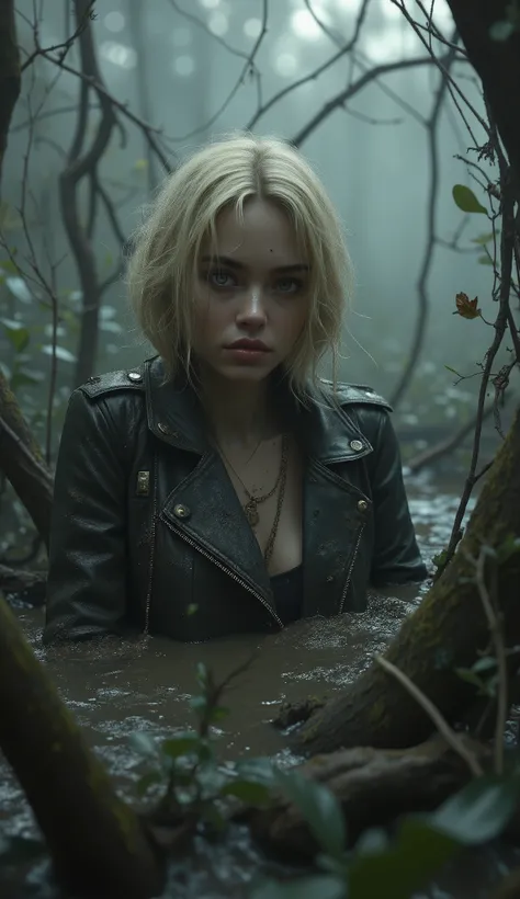 A pale white skin natural texture, fragile mom with blond bob-cut, dressed in fitted mud covered leather biker jacket and t-shirt. natural skin texture. Her melancholic expression betrays quiet surrender as she sinks into a dark, churning bog pit, its thic...