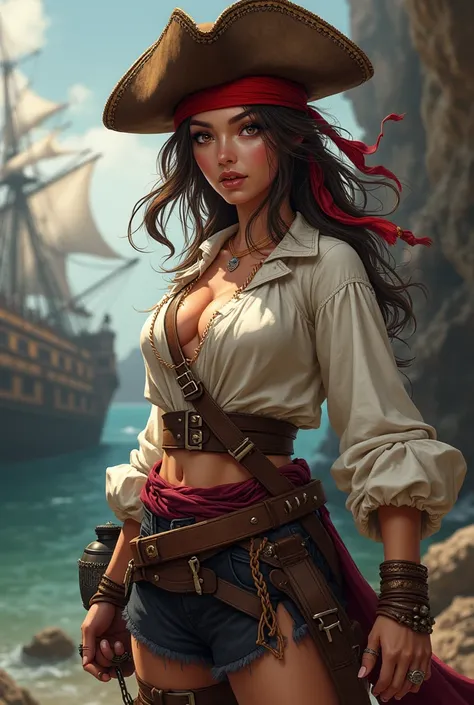  1 female,  with medium brown hair  ,  hazel eyes,   wearing a straw hat with a red band wearing pirate clothes, with a grenade in his hand   