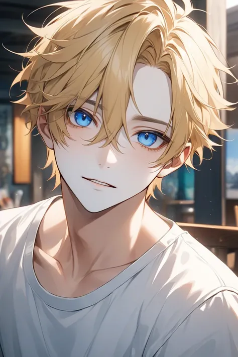 anime boy, very handsome face, white skin, blonde hair, blue eyes, casual style, artistic background, (sharp eye details), sharp face details), (body details), (make clear and good pictures), (make 4k and 8k pictures), (masterpiece)