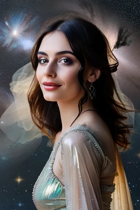 Create a hyper -realistic and ultra high definition of an image that contains the heavenly goddess with light and shining skin, iridescent and sparkle, enhancing its divine beauty. It should wear light and translucent dress, decorated with space particles,...