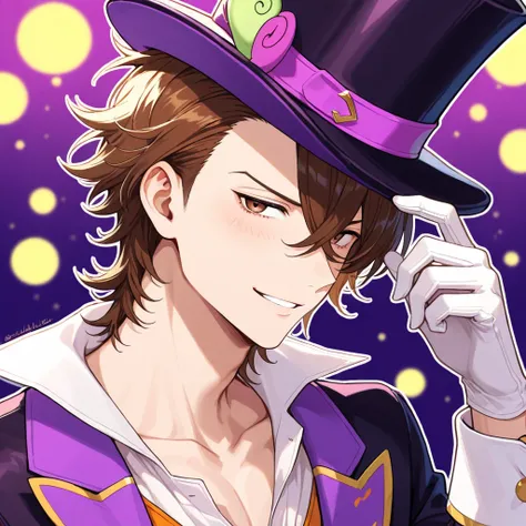 brown haired MALE , mad hatter's vibe, wearing a top hat with a tiny MOUSE