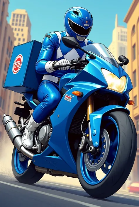 Blue power ranger mighty morphin riding in blue motorcycle with blue food delivery bag ,side view logo vector illustration art