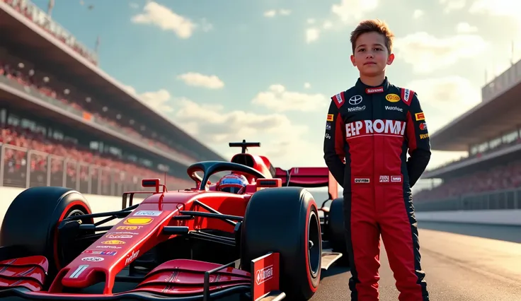 A highly realistic scene featuring the youngest Formula 1 driver ever in history, a confident age boy in a detailed, modern red and black racing suit with sponsor logos, standing proudly next to an aerodynamic, high-tech Formula 1 car on a professional rac...