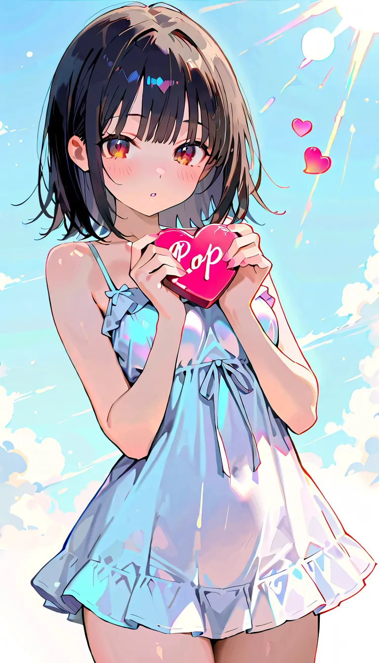 a cute girl holding a heart-shaped chocolate with "LOVE ME" written on it, pop background, cowboy shot, black bob hair, brown eyes, flowy baby doll, (jaw-dropping beauty, perfect proportions, body beauty:1.1), beautiful detailed eyes, beautiful detailed li...