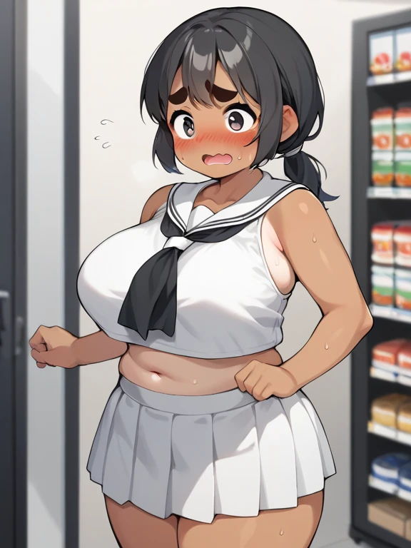  score_9,  score_8_ up the side,  score_7_ up the side,  source_Anime, nsfw， uncensored，OTSMiyoshi, ( 1 girl, Alone),  18 years old ,  short， toddler body type，(Fat body,  My whole body is covered in sweat ), (  black hair,   low ponytail,   split bangs ),...