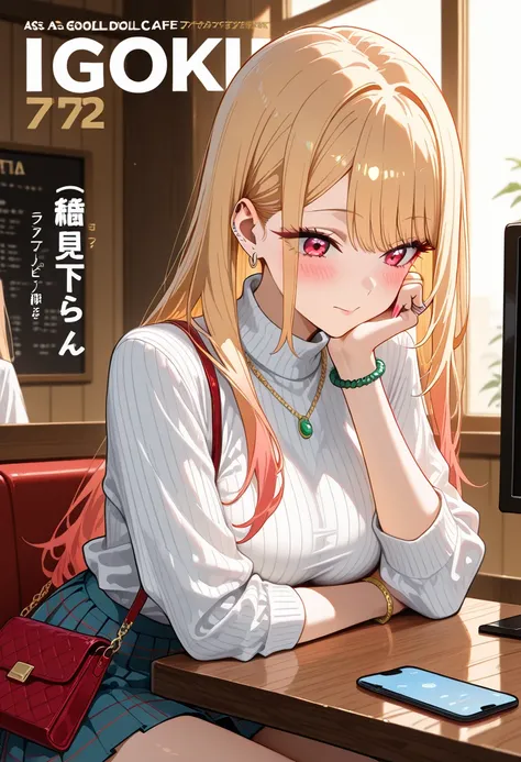 Marin Kitagawa, sitting at a stylish café booth, completely focused on her smartphone, looking down at the screen, slightly leaning forward with both elbows resting on the table, long loose blonde hair cascading over her shoulders, light pink ombre hair, r...