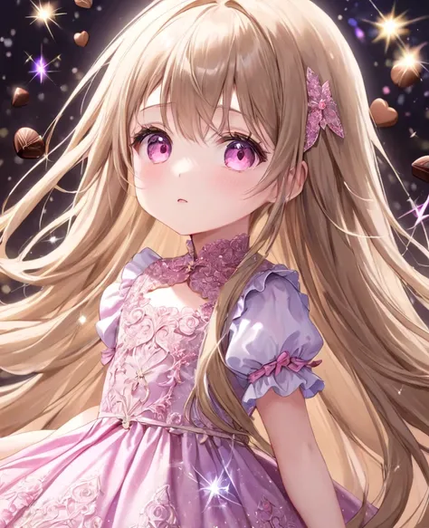 (masterpiece, best quality:1.2), (absurdres,  highres, ultra-detailed), (perfect anatomy), 
Cute girl 、Handmade Chocolates 、 long hair 、Light brown hair 、Pink Eyes、Background sparkle 、 cute dress、

(8k, RAW photo:1.2),detailed face and eyes,intricate detai...