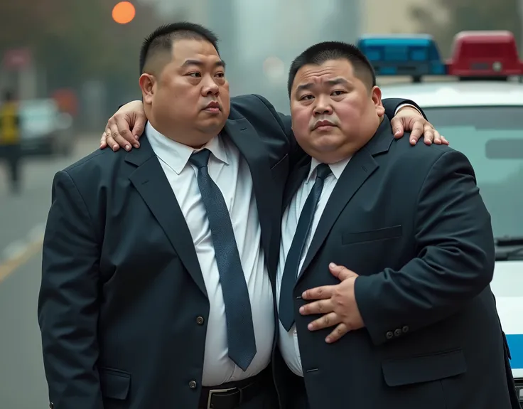  best quality,  facial focus,  super high resolution, (realism:1.4),  RAW Photo ,  two obese young Chinese men in suits，Round Face， with very short hair ，Lips tightly closed， dark blue tie 、, the expression is serious ， facing the camera，Next to the police...