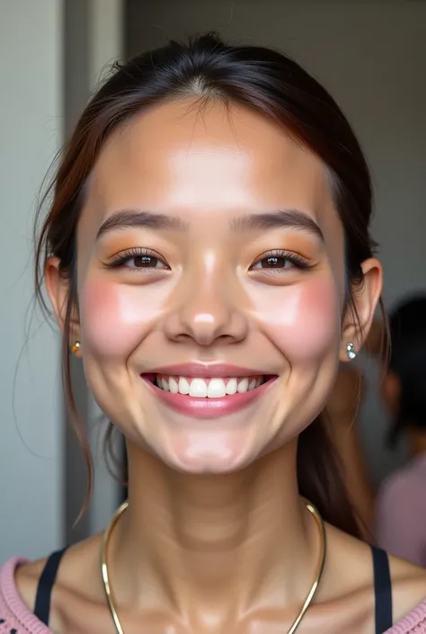 A big smiling face of a girl, with a ladder placed on it and many make up artists doing the make up of that girl.