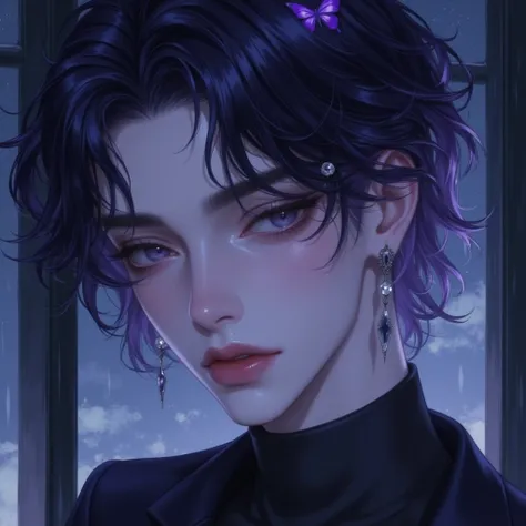 Mysterious and elegant man,  big round eyes ,  Subtle emotions seeping out from between slightly open lips {x} The tips are slightly upturned, reminiscent of a black jewel shining under the moonlight. Dark and clear eyes, Silver glow as if bathed in moonli...