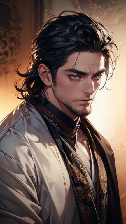 (       ,4K,8k,           highres,           masterpiece :1.2),           ultra-detailed    ,(realistic,photorealistic,photo-realistic:1.37),36-year-old man,3 day beard,Beautiful anime,Portraits,strong,Masculine,            with black hair  ,sharp jaw,    ...