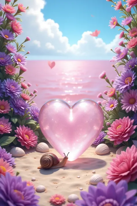   pink ocean image on the beach , Crystal stone heart ,  purple pink surrounded by flowers and seashells,  snail and heart with  "Yadira "