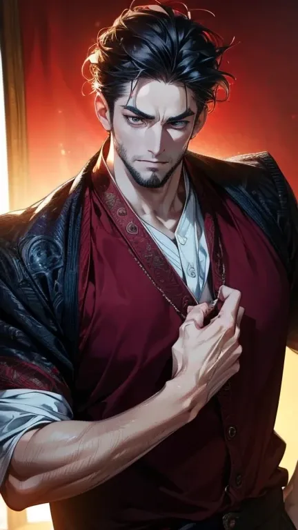 (       ,4K,8k,           highres,           masterpiece :1.2),           ultra-detailed    ,(realistic,photorealistic,photo-realistic:1.37),36-year-old man,3 day beard,Beautiful anime,Portraits,strong,Masculine,            with black hair  ,sharp jaw,    ...